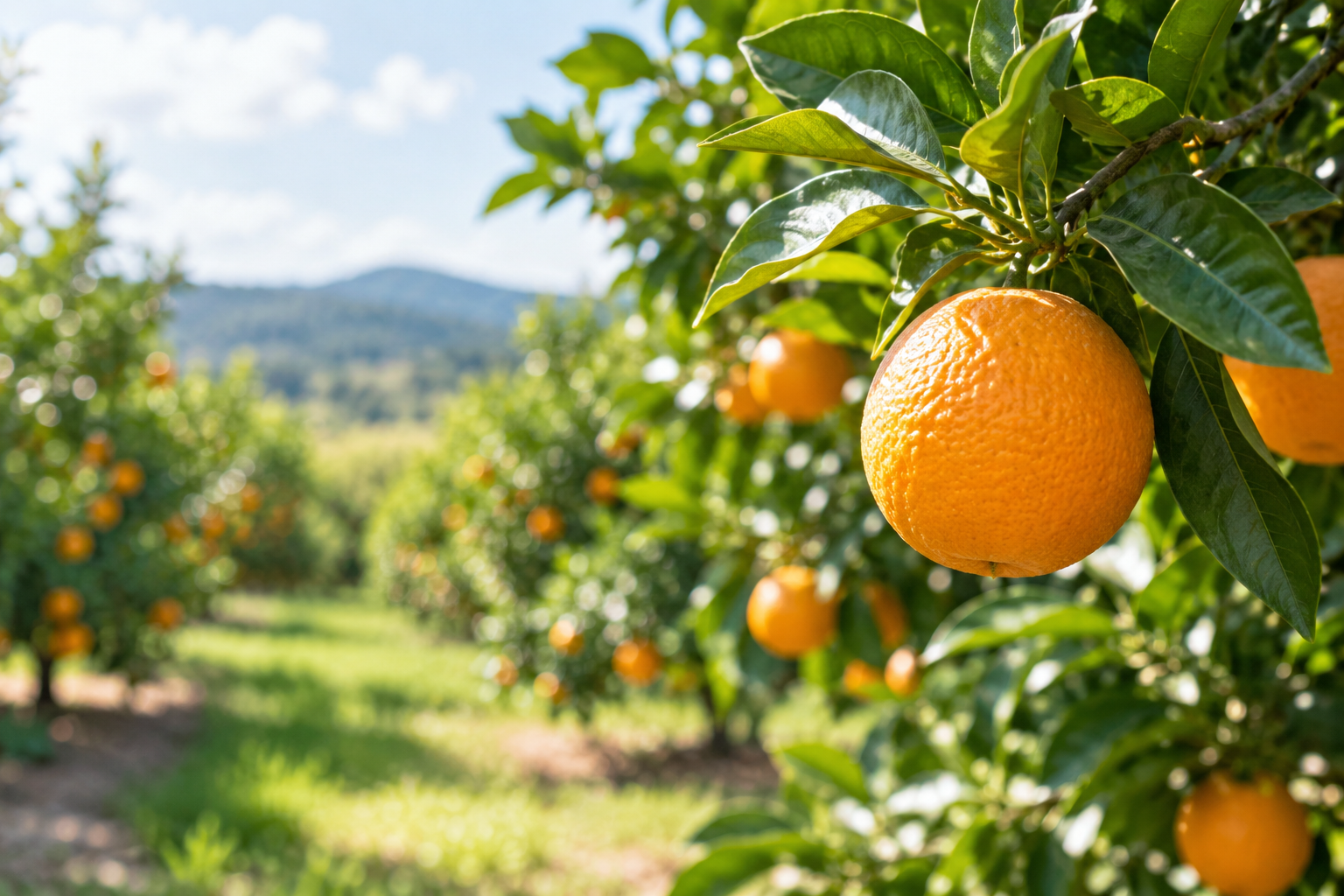 Ripe oranges growing among sunlit green leaves